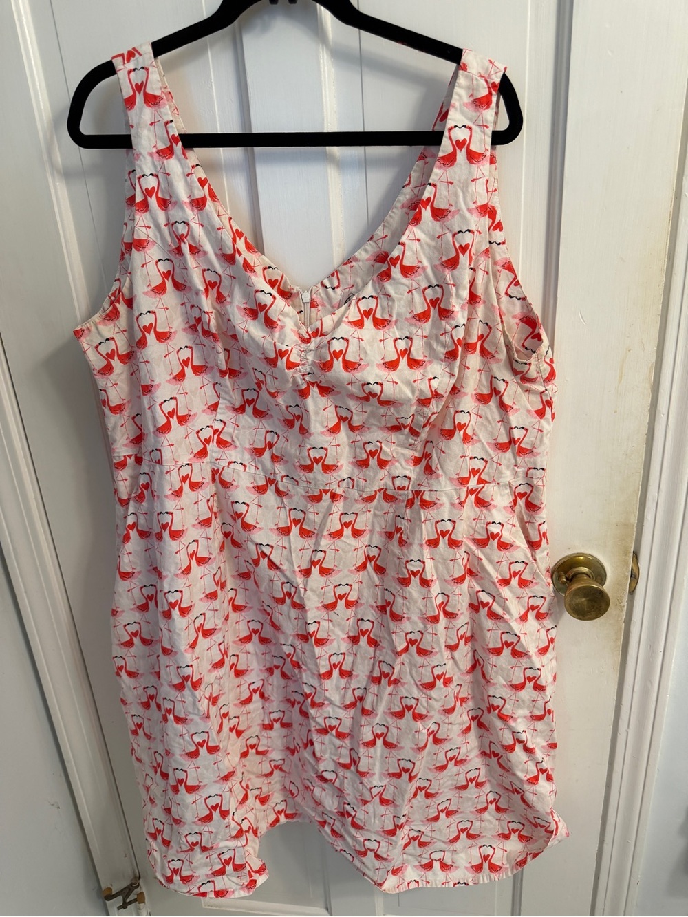 Sleeveless White Camisole Dress with Red Flamingo Print